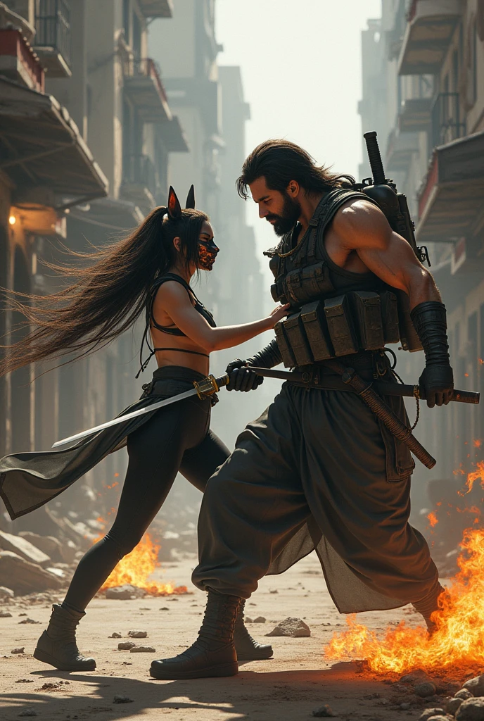 Japanese female kunoichi with long hair dressed in tactical sleeveless bodysuit, armor pads, kitsune mask, armed with a katana, she is fighting against an Irish male soldier who is carrying a flamethrower