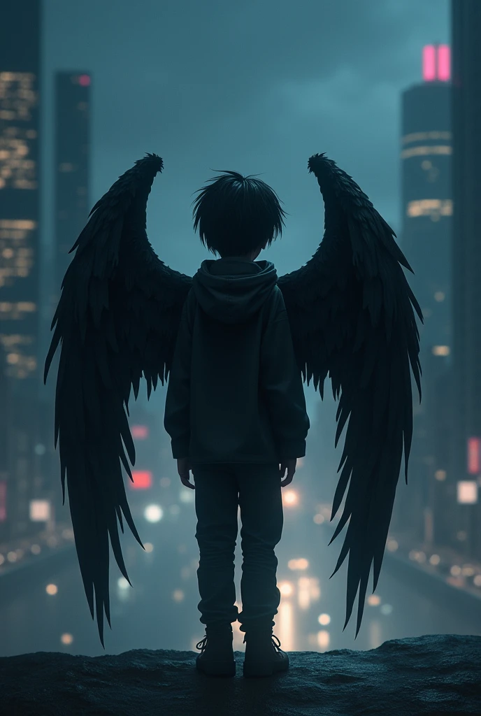2 boy with wings back with a dark atmosphere , solo que sea A boy de cabello negro y con edificios de fondo, solo A boy que este de Espalda, A boy , black wings and the background is night