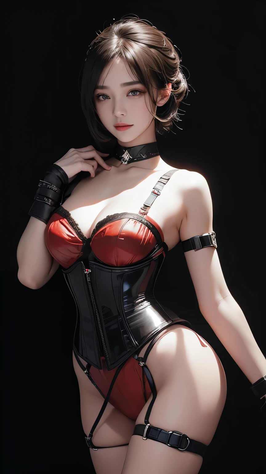 masterpiece, Highest quality, Very detailed, To the camera, 複雑に詳細なVery detailedな, Realistic, Sharp features, Very detailed, Sharp focus, Perfect Face, Perfect Face, Perfect symmetry and perfect eyes, Perfect Plump Lips, Flexible female form, Cinematic, Film Light, Very detailedな, hyper Realistic, masterpiece, Atmospheric, High resolution, Vibrant, Dynamic Studio Lighting, ((Dark Background)), The facial expression when feeling happy, handcuffs, BDSM, slave, Rubber, Red Corset, (赤いfirst round), ((Highest quality, 8k, masterpiece: 1.3)), Sharp focus: 1.2, Beautiful woman with perfect figure: 1.4, Slim Abs: 1.2, Wet body: 1.5, Very detailedな顔と肌の質感, Detailed eyes, double eyelid, Very short hair,((Sm嬢)),((m嬢)),handcuffs,first round,Red and black outfit