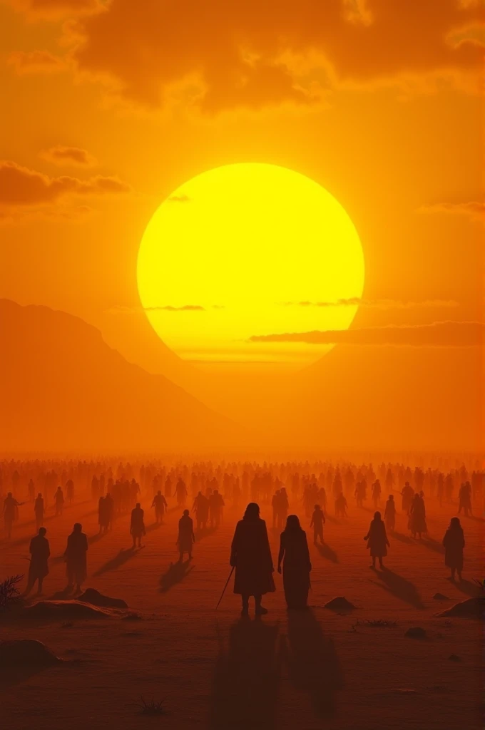 Create an image showing a large group of people gathered in a field with the backlight of a large sun overhead in the desert with bright dark yellow-orange colors creating an intense and dramatic atmosphere.