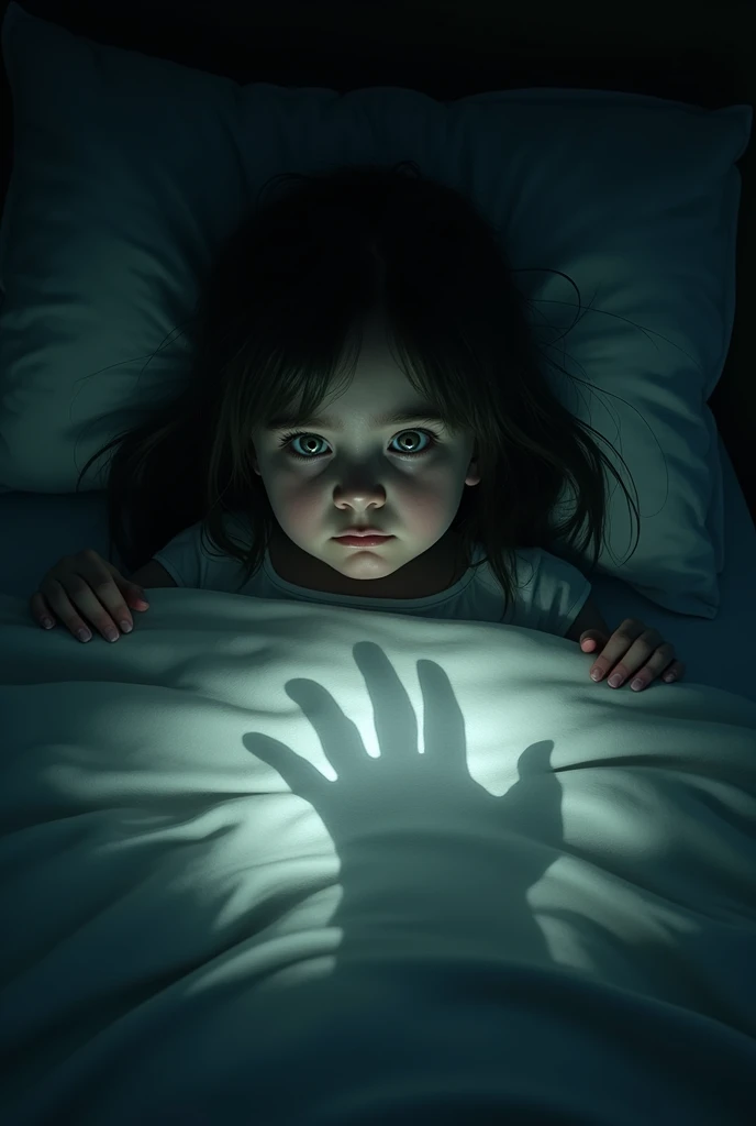 Girl lying in bed looking at strange shadow on desk in fear
