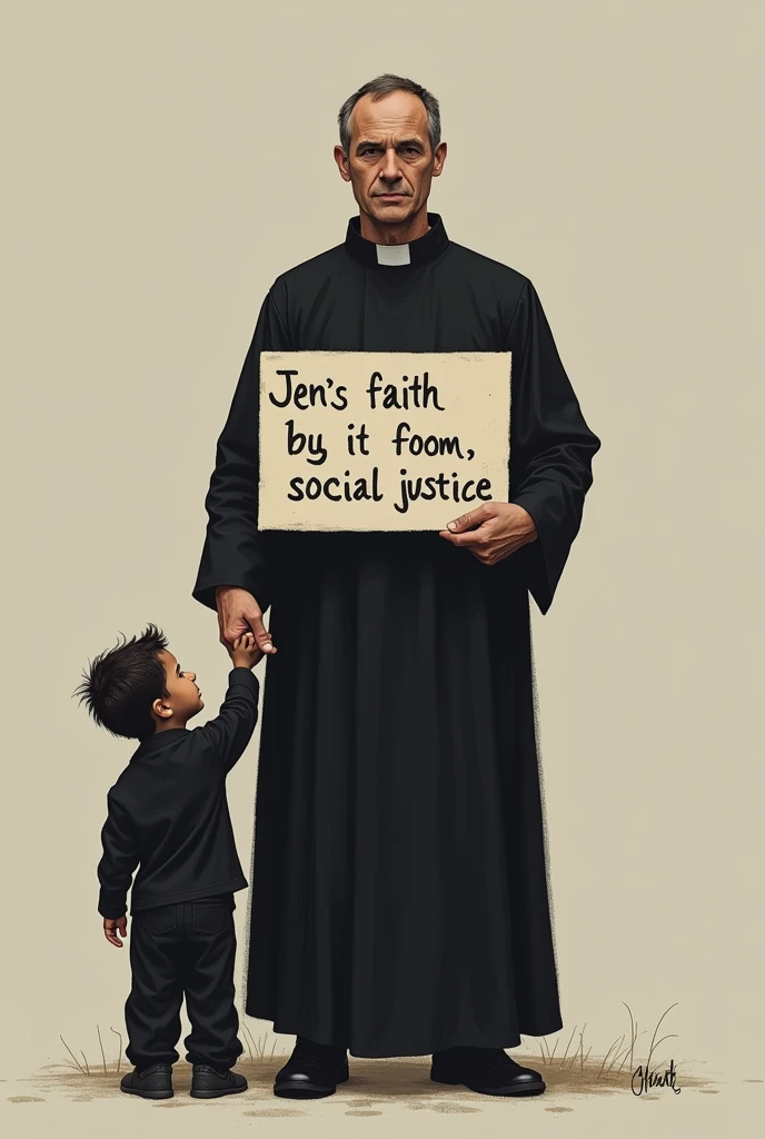 A Catholic priest stands facing forward, holding a sign with one hand and a small child's hand with the other., full body front