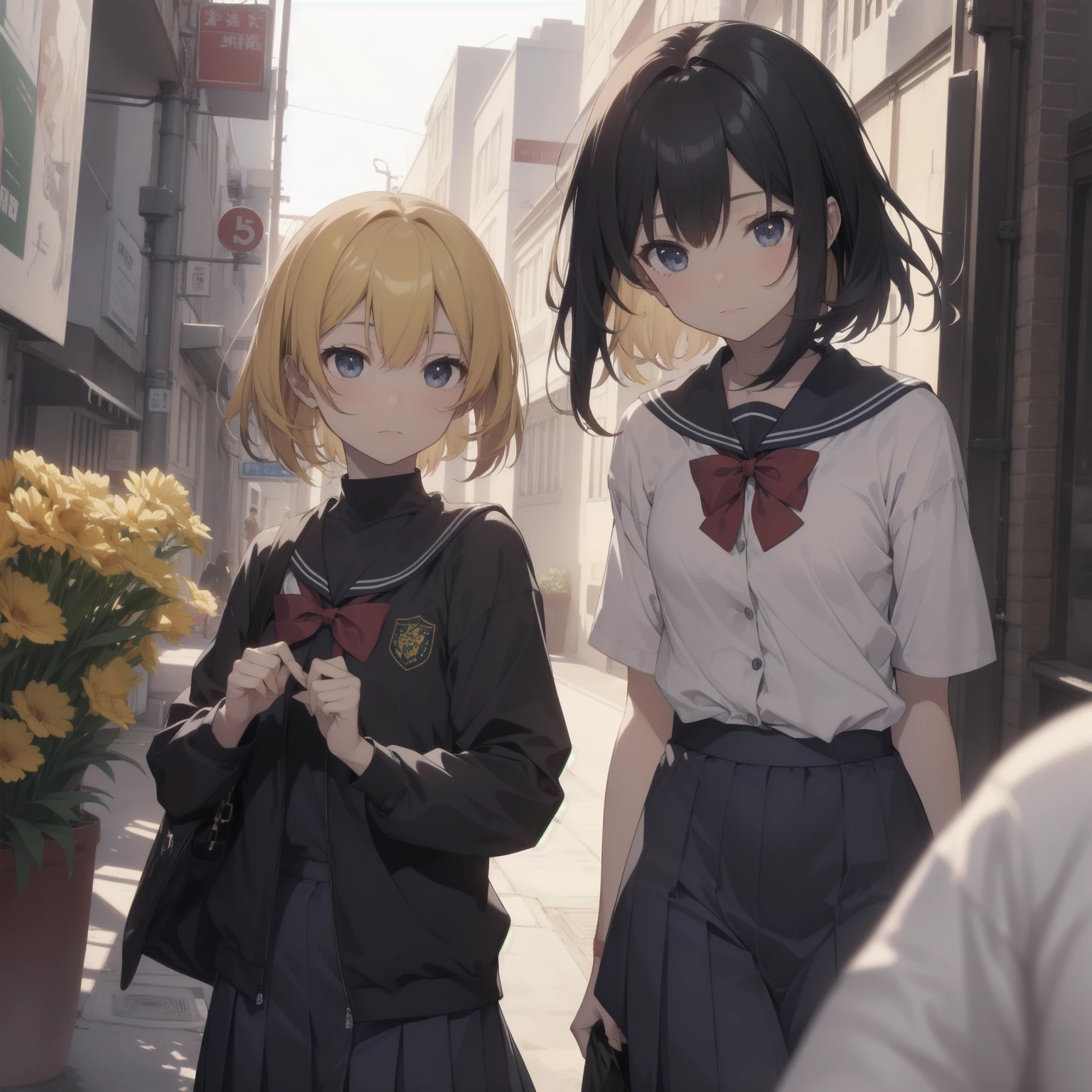 ultra-absurdres-Top quality by artist God, ultra-detailed, high resolution, anime moe artstyle, best anime 8k konachan wallpaper, pixiv contest winner, pool:2810, perfect anatomy,break, 1girl, (Please draw a girl walking sleepily to school alone. )break,(Solo,little female,:1.3),Full limbs, ,a junior high school student, (very short hair), short cut, flat chest, , small butt, small black eyes, beautiful detailed eyes, well-proportioned iris and pupils, expressive eyes, highres detailed hair, soft expression, salor school_uniform, sailor collar, serahuku, bow, pleated skirt,(Detailed Lighting), (Detailed background), in the School commute route. break,super detailed skin, Best cinematic lighting powered by famous artist, 8k,beauty illustration,photoshop_(medium),very aesthetic,break,((artist:takeuchi_takashi )), artist:clamp ,artist:carnelian ,artist:kantoku ,