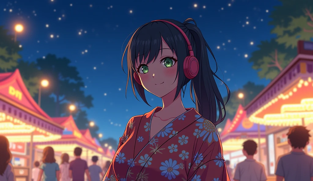Perfect image, 8k、summer、night、high school girl、Mature、Big Breasts、yukata、looks fun、smile、Using headphones、festival、stall、 2D-style animation, Lo-Fi、Retro、Emotional、Anime style illustrations