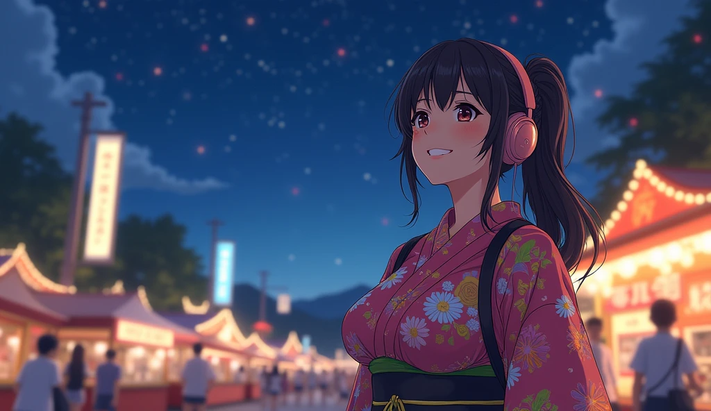 Perfect image, 8k、summer、night、high school girl、Mature、Big Breasts、yukata、looks fun、smile、Using headphones、festival、stall、 2D-style animation, Lo-Fi、Retro、Emotional、Anime style illustrations