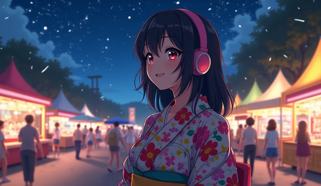 Perfect image, 8k、summer、night、high school girl、Mature、Big Breasts、yukata、looks fun、smile、Using headphones、festival、stall、 2D-style animation, Lo-Fi、Retro、Emotional、Anime style illustrations