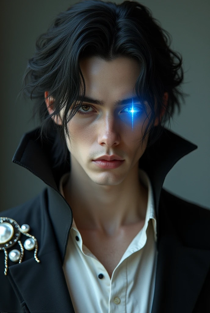 A 30-year-old handsome man with black hair and pale Western-type skin whose left eye has a cross in the pupil that burns with a dark blue fire, and whose right eye is dark brown. He is dressed in a white shirt without buttons and has a black elegant cloak decorated with silver stones hanging on his shoulder.