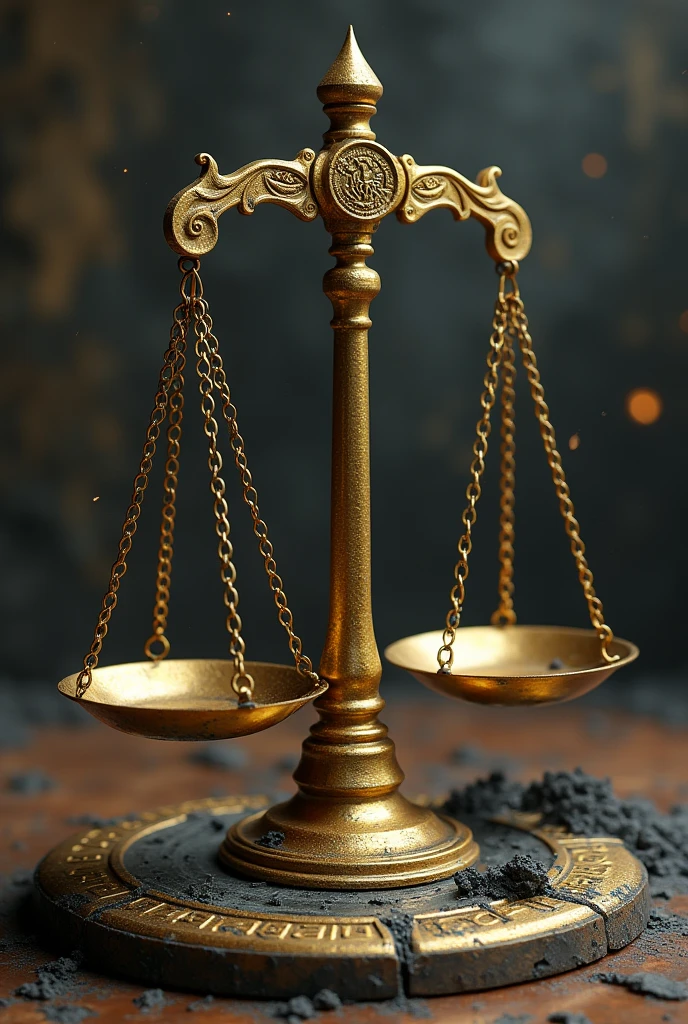 A close-up of the unbalanced golden scale, its plates grotesquely tilted to one side. The scale is adorned with ancient inscriptions, now corroded and illegible, while black sparks dance around, suggesting the corruption that controls it."