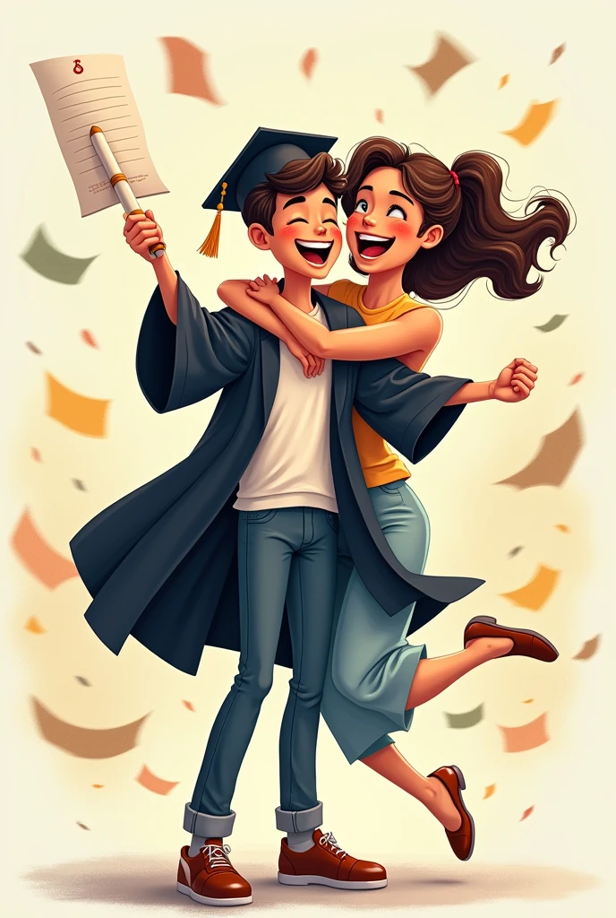 Cartoon of a mother jumping and hugging a young man in graduation gown raising his hand and holding his graduation certificate. They are looking forward. High-detailed drawing. Smeared lines and white hidden picture books.  