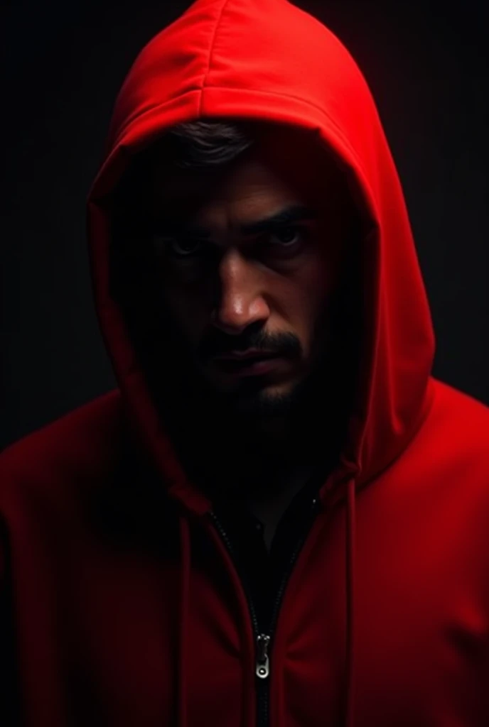 Man in red hoodie with face obscured with very dark background and some red light in profile and close-up of face