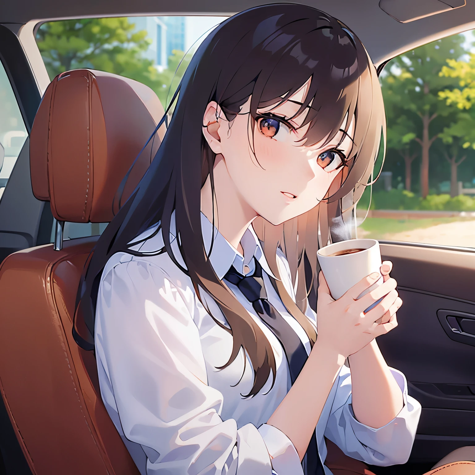 (looking at viewer:1.5),Upper Body, Side shot、holding a coffee cup、
 Realistic, real person, (pale skin: 1.2), RAW photo, photorealistic, shiny skin, shiny hair、
(A 2 woman with medium-length hair and bangs) and (wavy hair) and (brown hair) and (orange eyes) ,
（white collared shirts）
Serious,
Passenger seat of a car、（alone:1.5）