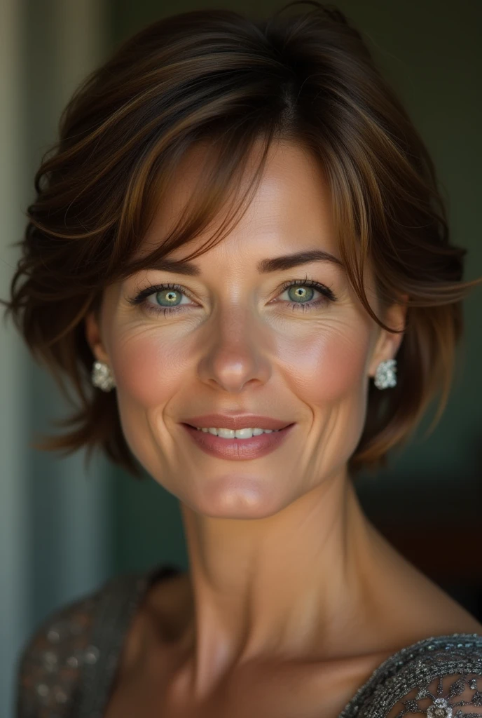 Adult girl of 45 who looks like 38, light brunette, thin upper lips, thick lower lips, small eyes, small face, small nose, short black hair like a Bob but with layers