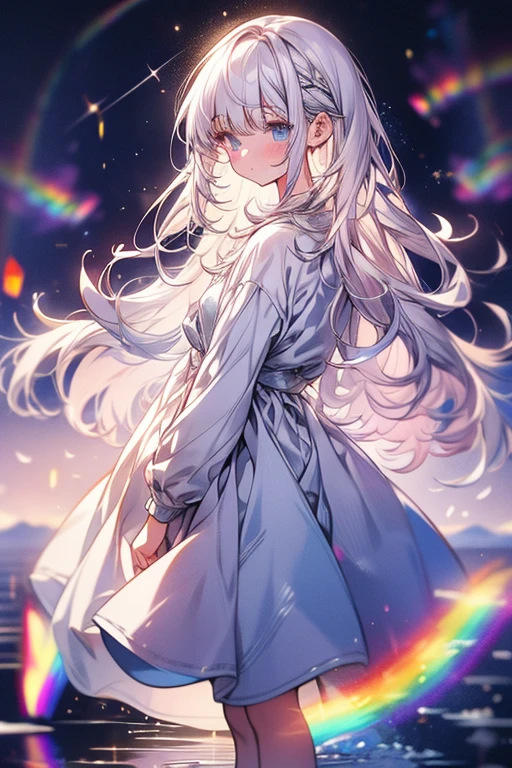 Rainbow,In the sky after the rain,Puddle reflection,Girl about to walk out,Long white hair,masterpiece, Highest quality, Very detailed, 4k1 girl, Lens flare, Soft Light, Gentle colors,Rainbowカラーのカラフルなワンピース,Colorful colors follow the girl like a shadow.,Clear facial contours