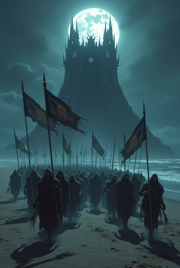 Create a background with a top-down view of an army of monsters advancing across a beach with long spears and war banners. It is midnight and the moon is rising. In the background there is a giant throne with a demon sitting on it while his eyes shine and watch his army advance.