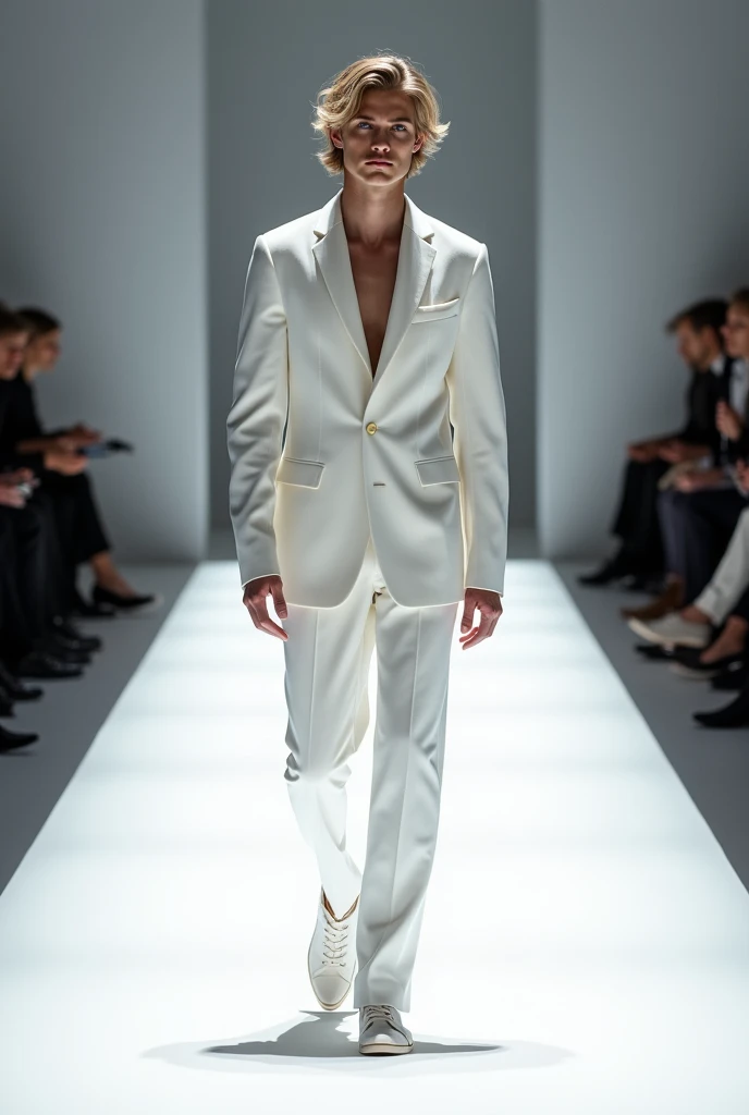 a thin man, White skin, light wavy hair, with white clothing, modeling on a catwalk, his face no emotion