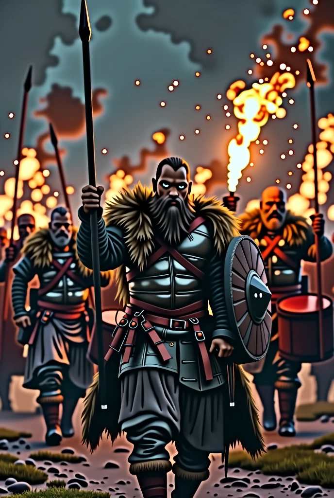 Vikings marching to war with drums singing, raising their weapons in the night with torches, in it, fire and in the background it says Damage & the black mantras