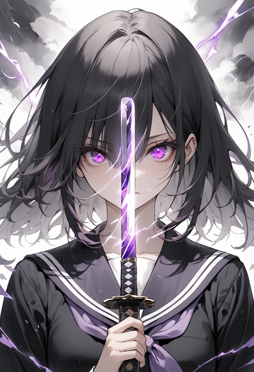 beautiful eyes, (sailor uniform student uniform), BREAK,((purple electricity eyes)),A flash of purple electricity,(holding katana sword 1.3), ((( A sword with purple electricity 1.3))),from front, Hold the sword in front of your face,BREAK,(monochromatic color scheme 1.3), (grayscale 1.2), (shades of gray 1.3), (dramatic contrast 1.2), (timeless elegance 1.3), (subdued atmosphere 1.2)