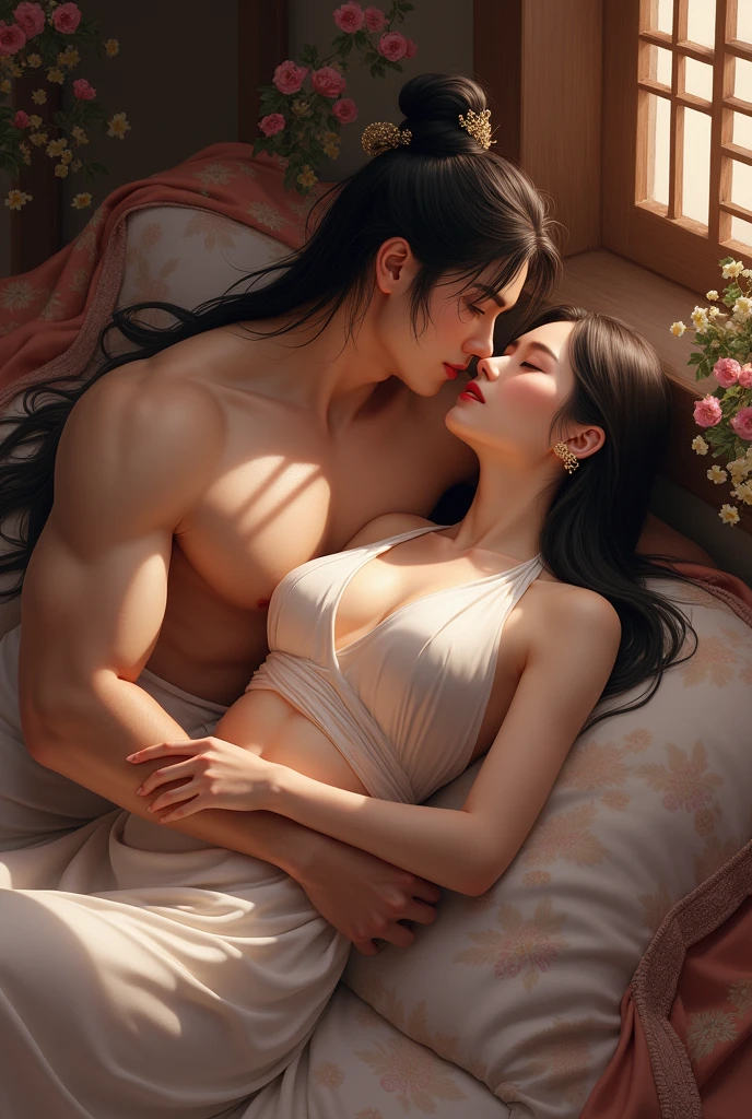 In the full Tang Dynasty, a naked princess reveals her beautiful breasts and beautiful buttocks, lying in the arms of a young man who is making love sweetly.