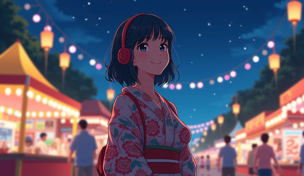 Perfect image, 8k、summer、night、high school girl、Mature、Big Breasts、yukata、looks fun、smile、Using headphones、festival、stall、 2D-style animation, Lo-Fi、Retro、Emotional、Anime style illustrations