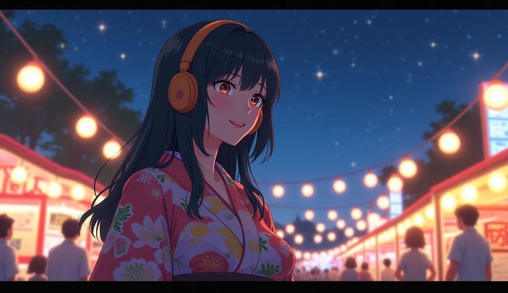 Perfect image, 8k、summer、night、high school girl、Mature、Big Breasts、yukata、looks fun、smile、Using headphones、festival、stall、 2D-style animation, Lo-Fi、Retro、Emotional、Anime style illustrations
