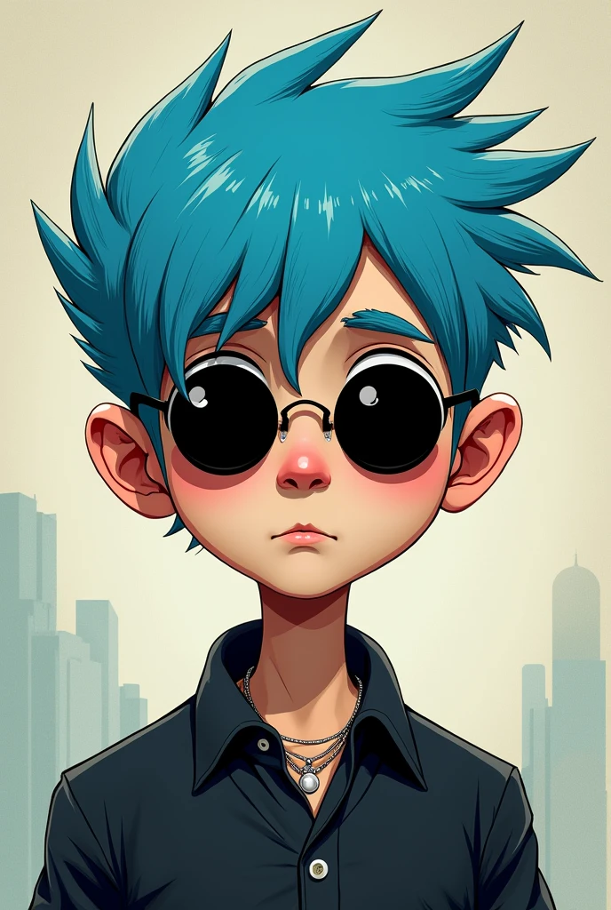 2d, Gorillaz band, blue hair, completely black eyes, Jamie's Art Style Jamie Hewlett,Man