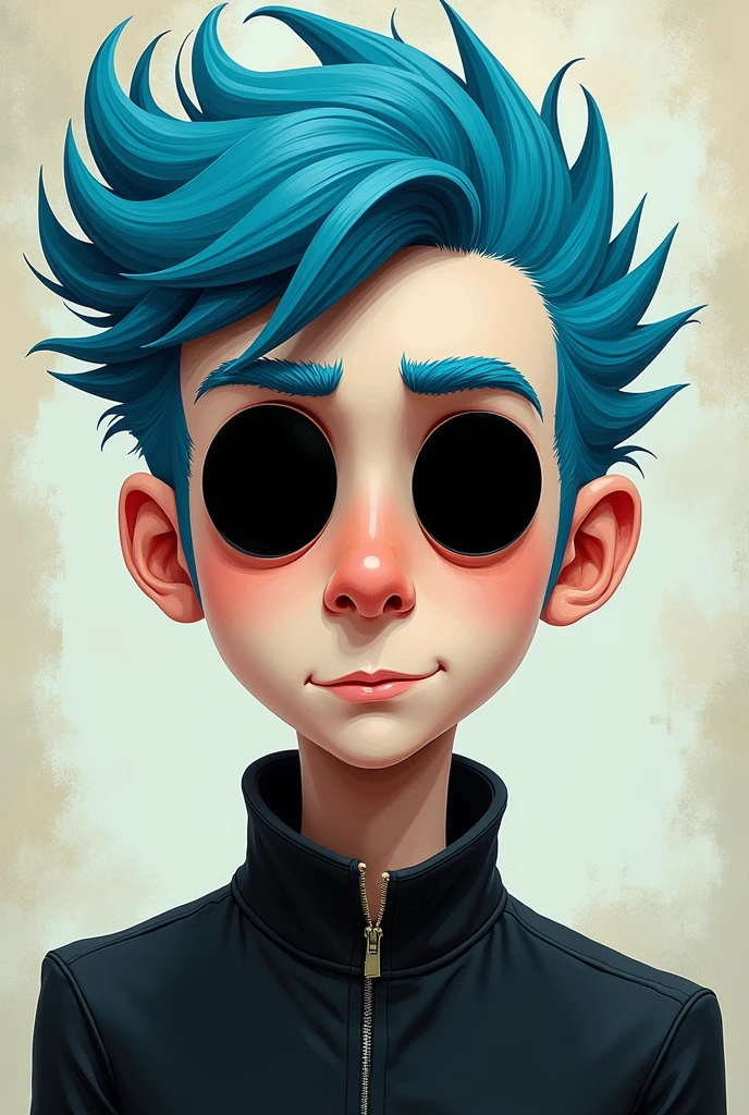 2d, Gorillaz band, blue hair, completely black eyes, Jamie's Art Style Jamie Hewlett,Man