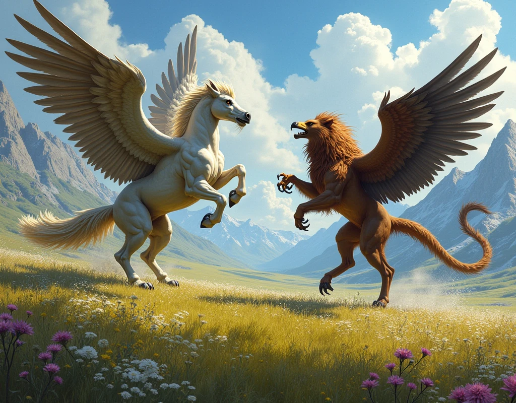 masterpiece, Highest quality, High resolution, Hippogriff fighting with Griffin、grassland、