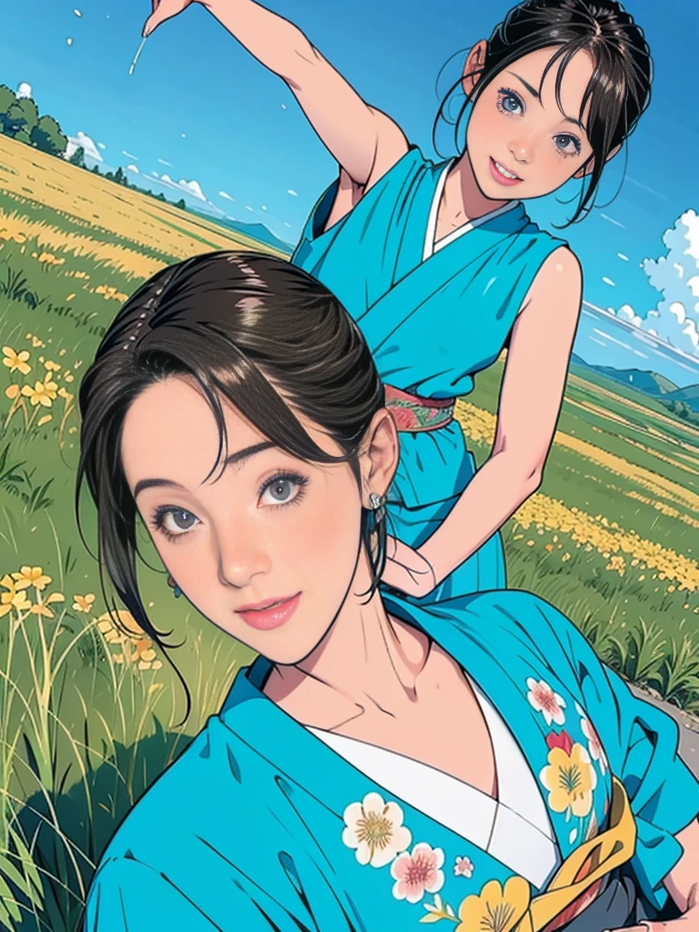 Double,Japanese Hairstyle,Photorealism,detailed,masterpiece,Little boys and little girls,child,Smile and hold hands,grassland,Blue sky,panoramic,Back to camera,Little,dwarf,Child,Boys and Girls,,