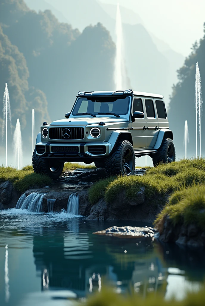 Become a car designer, draw a gelentwagen car and change it a little futuristically, put it on a hillock among the dancing and splashing water , crystal drops dance in the air