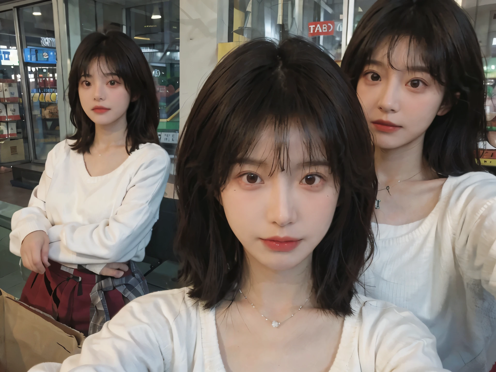 Best quality，Ultra-high resolution，(Realism:1.4)，Cute hairpins，Baoyu Girl，1 Girl，Red short sweater，Beautiful woman with a slim figure:1.4，Abdominal muscles:1.1，(Brown hair，Mid-chest:1.3)，supermarket，Super delicate face，Exquisite eyes，Double eyelids，make faces，necklace