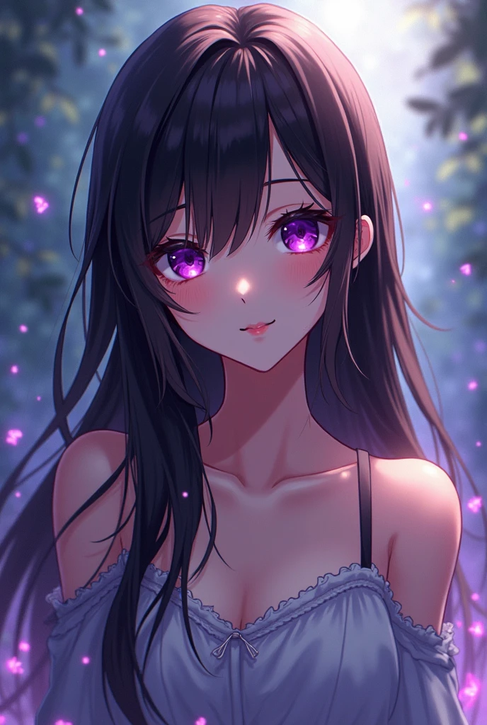 Anime girl with dark brown hair to her waist with purple eyes