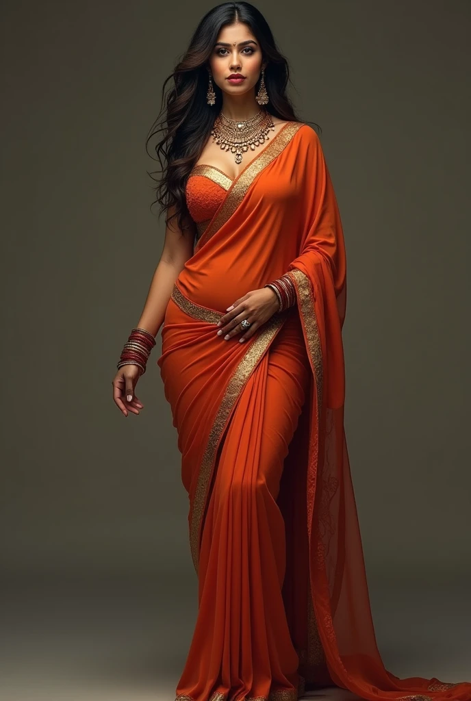 Image of realistic Indian girl wearing saree,big breast like 36f size and lean weist, big butt, sharp nose, big eye, curvy physic, face front, cleavage extreme, showing navel 
