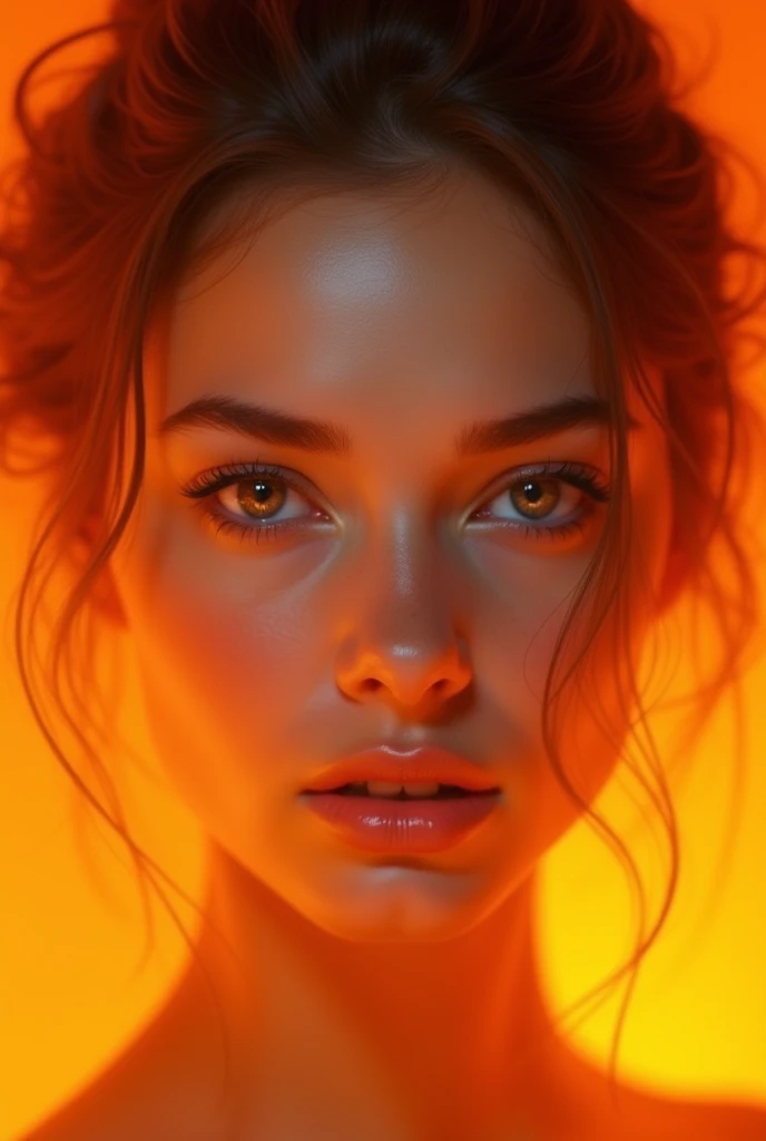 Detailed portrait of a gorgeous lady, her skin glowing with subtle orange reflections, hyperrealistic textures, luminous orange backdrop, intense focus on facial features."