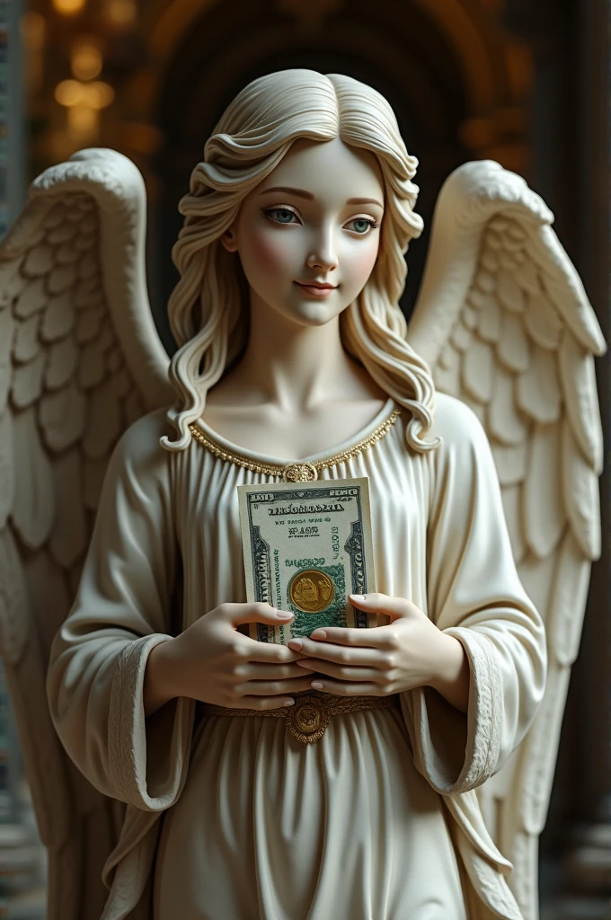 Realistic image of angel statue holding money stack