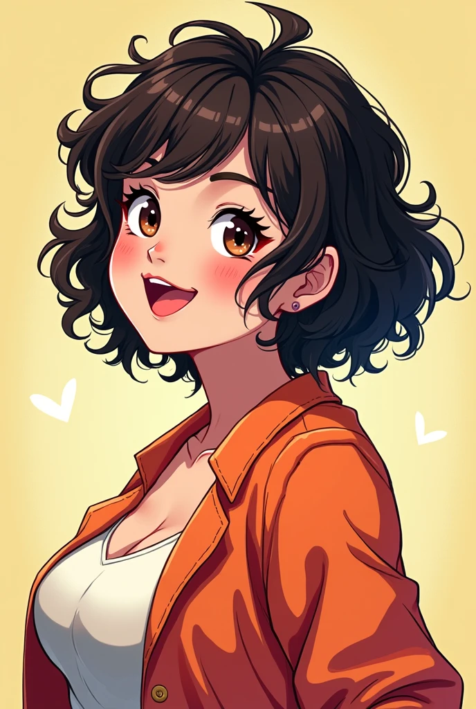 chubby girl, the body is seen. gorda, with short curly hair, smiling, few and pretty face, cheerful and colorful clothes (anime manga style)