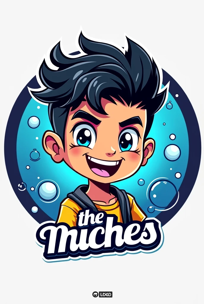 Create me a circular logo mascot with a blue background and bubbles where the mascot is a reggaeton boy with black hair and below it has the letters "THE MICHES"