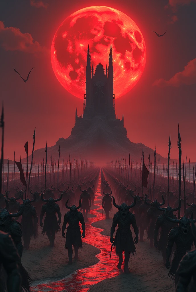 Create a background with a top-down view of an army of monsters advancing across a beach with long spears and war banners. It is midnight and the moon is rising. In the background there is a giant throne with a demon sitting on it while his eyes shine and watch his army advance., The moon is red and the river is red