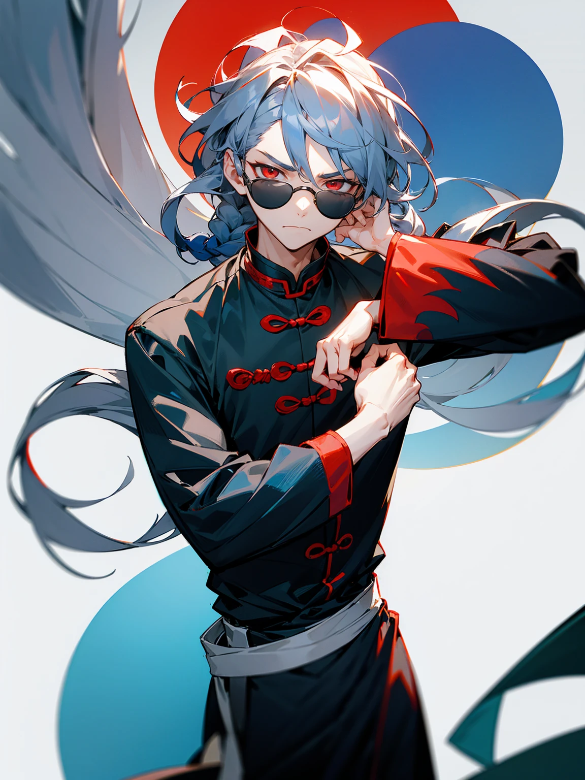 1male, blue and grey hair, two toned hair, wavy hair, twisted braid, circular sunglasses, chinese outfit, red eyes, tied to waist, serious expression, tired expression, adult, lean build