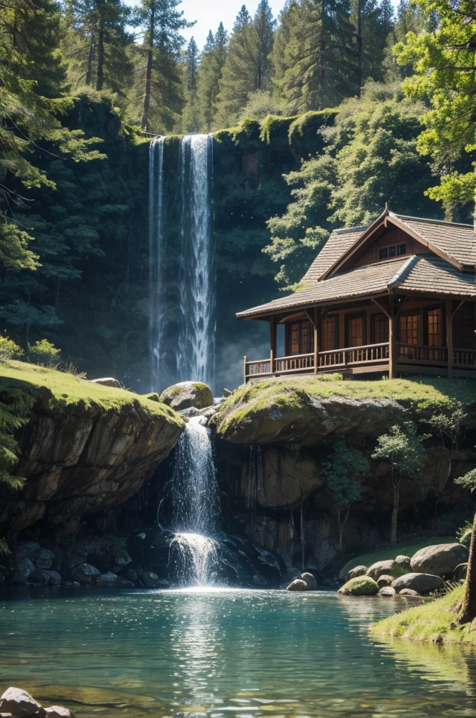 The forester found a beautiful place with a house and a lake with a small waterfall