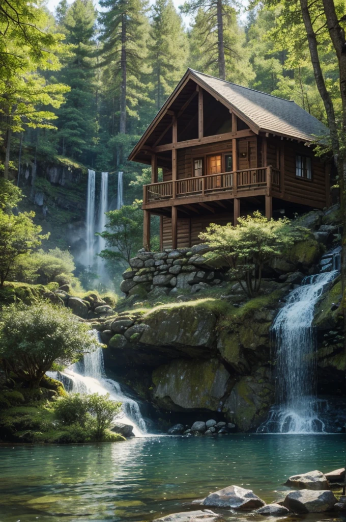 The forester found a beautiful place with a house and a lake with a small waterfall
