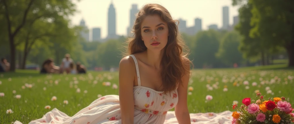 a piquenique in central park, new york, in 1989, happy people, cinematic scene, 1girl in a sundress sitting on a picnic blanket, colorful flowers, green grass, sunshine, city skyline in the background, beautiful detailed eyes, beautiful detailed lips, extremely detailed face, long eyelashes, relaxed expression, candid pose, muted warm color palette, natural lighting, soft focus, photorealistic, (best quality,4k,8k,highres,masterpiece:1.2),ultra-detailed,(realistic,photorealistic,photo-realistic:1.37),HDR,studio lighting,vivid colors,bokeh