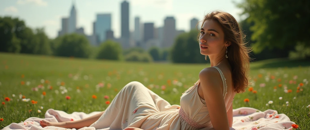 a piquenique in central park, new york, in 1989, happy people, cinematic scene, 1girl in a sundress sitting on a picnic blanket, colorful flowers, green grass, sunshine, city skyline in the background, beautiful detailed eyes, beautiful detailed lips, extremely detailed face, long eyelashes, relaxed expression, candid pose, muted warm color palette, natural lighting, soft focus, photorealistic, (best quality,4k,8k,highres,masterpiece:1.2),ultra-detailed,(realistic,photorealistic,photo-realistic:1.37),HDR,studio lighting,vivid colors,bokeh