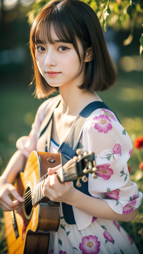 (masterpiece, ultra-detailed, ultra-realistic, best quality, clear focus, photorealistic), (ultra-high resolution, 8k:1.3), cinematic color-grading film, dramatic scenes, shadow, global-illumination, perfect anatomy, (perfect face), (ultra-detailed face, detailed eye:1.3), (Japanese anime-style girl:1.2), (high school student but farmer:1.2), professional light, (very beautiful with very cute but cool Japanese face:1.1), (amazing view of flower field:1.2), (wearing a very cute farmer's outfits:1.2), slim waist, very large breasts, face focus, beautiful anime-character-like floral patterned eyes, (playing the acoustic guitar:1.3), singing alone