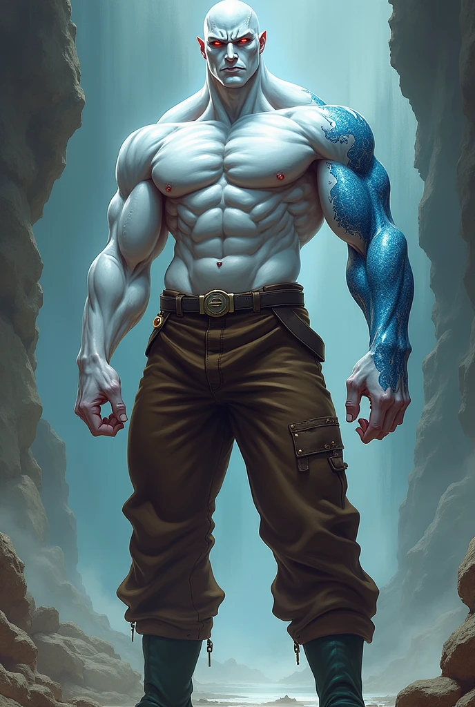 Create a 2 meter tall human male with white skin and blue markings on his arm, He is shirtless and wearing brown leather pants and dark green boots, her eyes are red.
anime styling!!!