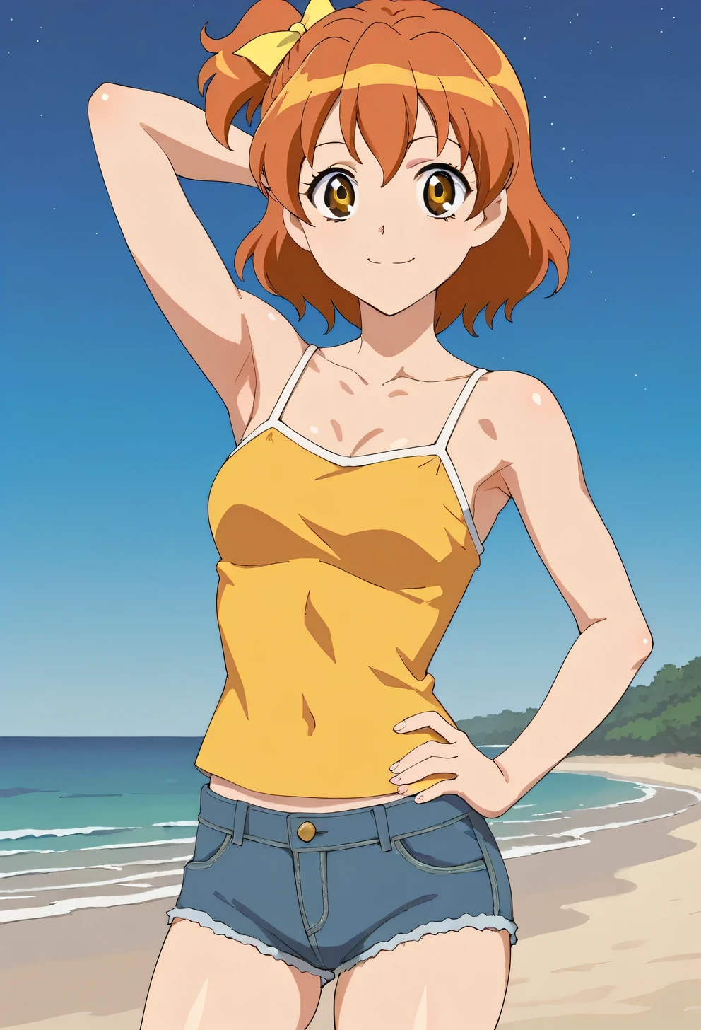 yamabuki inori, orange hair, brown eyes, medium hair, one side up, yellow ribbon, hair ribbon, camisole, denim shorts, shiny skin, looking at viewer, high quality, closed mouth, looking at viewer, smile, showing armpit, looking at viewer, solo, contrapposto, spread armpit, arm behind head, hand on hip, smile, looking at viewer, (cowboy shot:1.5), closed mouth, night sky, beach, best quality,