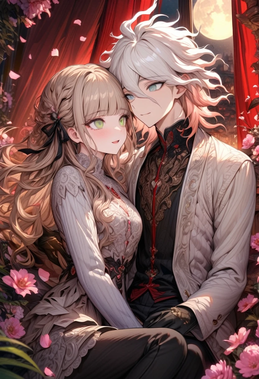 Ultra detailed, highres, absurdres, HDR, master piece, Aida, ash blonde hair with bangs, medium length hair, expressive light green eyes, Danganronpa, black ribbon at the side of her hair, white cardigan with black patterns, Komaeda Nagito, white hair, expressive gray green eyes, black pants, couple, in love, pink flowers, petals, moon, window, red curtains, woman together with a man, sitting, handsome, extremely beautiful, very detailed face and eyes, best quality, fantasy, magical, black gloves, smiling, close up