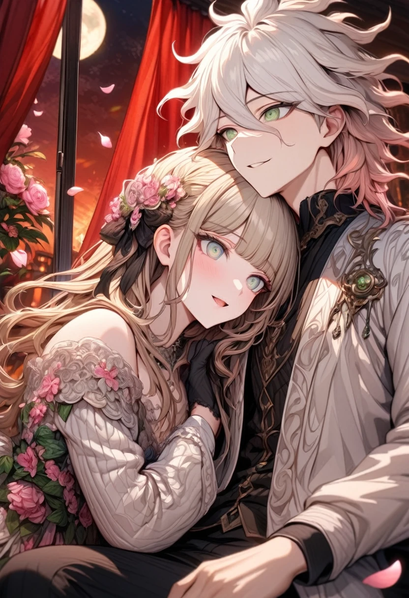 Ultra detailed, highres, absurdres, HDR, master piece, Aida, ash blonde hair with bangs, medium length hair, expressive light green eyes, Danganronpa, black ribbon at the side of her hair, white cardigan with black patterns, Komaeda Nagito, white hair, expressive gray green eyes, black pants, couple, in love, pink flowers, petals, moon, window, red curtains, woman together with a man, sitting, handsome, extremely beautiful, very detailed face and eyes, best quality, fantasy, magical, black gloves, smiling, close up