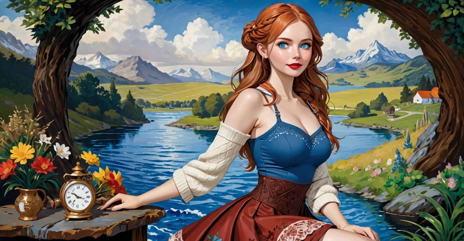 A Blonde Woman With Messy Hair, Pale Skin, & Red Lipstick On A Rock Overlooking A Mountain Valley & Alpine Lake. Wears A Dress With Woodcut Patterns, A Black Knee-Length Pleated Skirt With Blue Embroidery, & A Norwegian Sweater With Rosemaled Designs. Her Face Is Round With Full Features & A Wide Smile, Her Eyes Are Detailed And Wide, & She Poses Dynamically. Digital Painting Is In 4K Ultra HD, Rococo-Inspired Fantasy Art With Intricate Details. She Has A Cute, Charming Expression & A Alluring-Gaze, With Beautiful Blue Eyes & An-Ideal-Hourglass-Figure. Dawn Wells.
