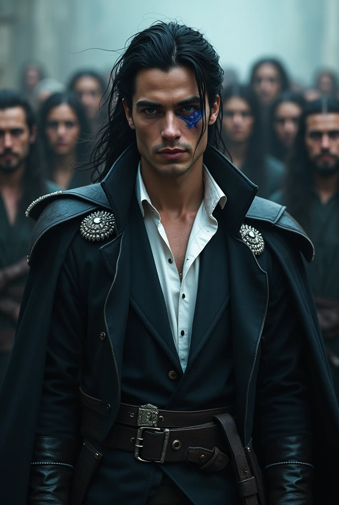 A 30-year-old handsome man with black hair and pale Western-type skin whose left eye has a cross in the pupil that burns with a dark blue fire, and whose right eye is dark brown. He is dressed in a white shirt without buttons and a black elegant cloak decorated with silver stones hangs on his shoulder and behind him is a team of 31 pirates