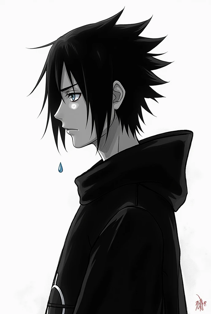 Create in black and white manga style, Itachi Uchiha from Naruto is sad, a tear falling from her face, but without any emotion or expression on his face